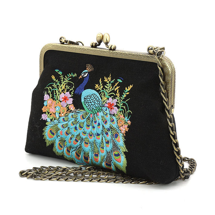 PEACOCK KISSLOCK BAG IN LINEN COTTON BLEND