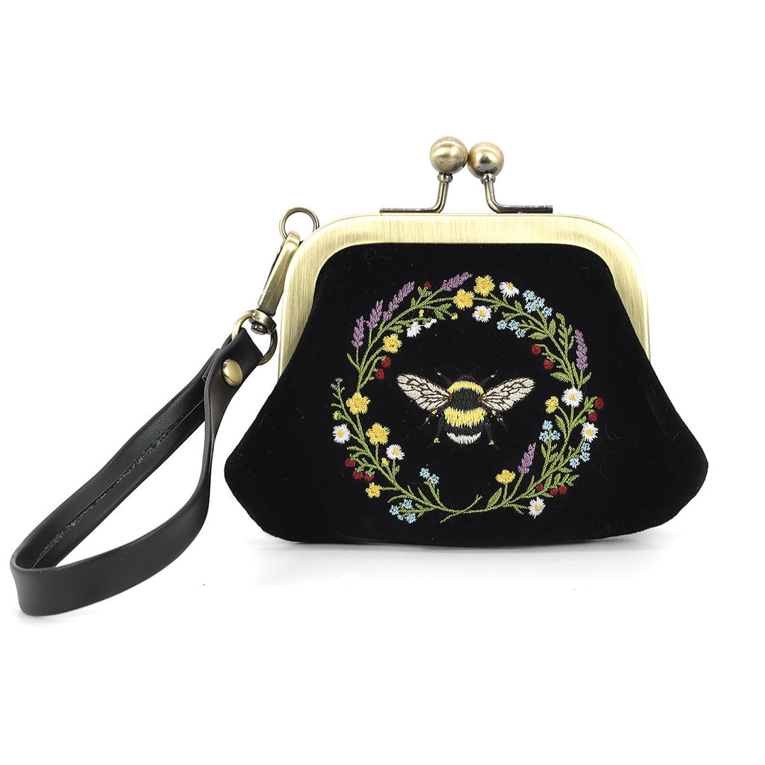 BEE IN FLORAL WREATH KISS LOCK COIN PURSE IN VELVET