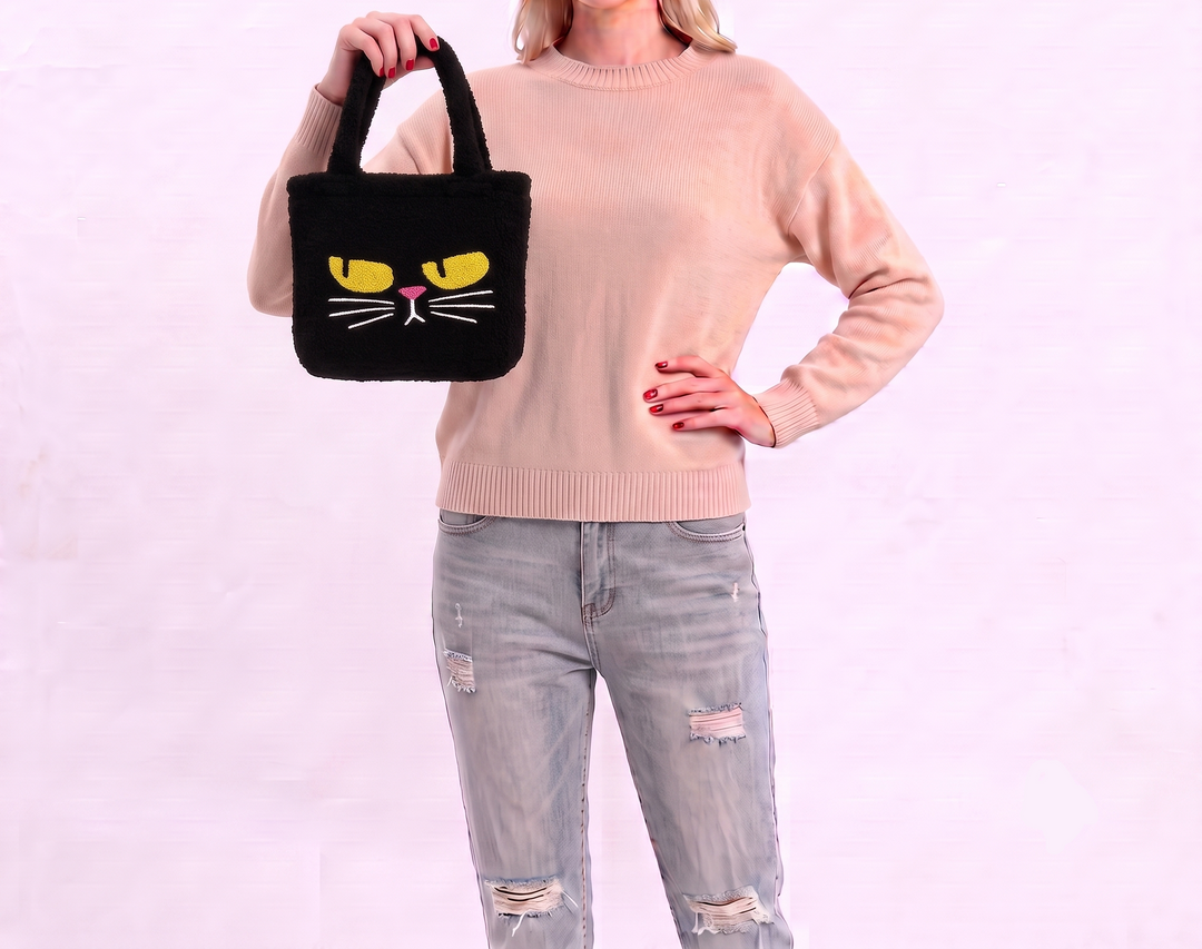 Furry Black Cat Tote in Polyester
