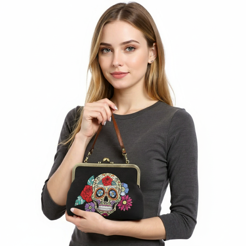 SUGAR SKULL KISS LOCK BAG IN LINEN + COTTON BLEND