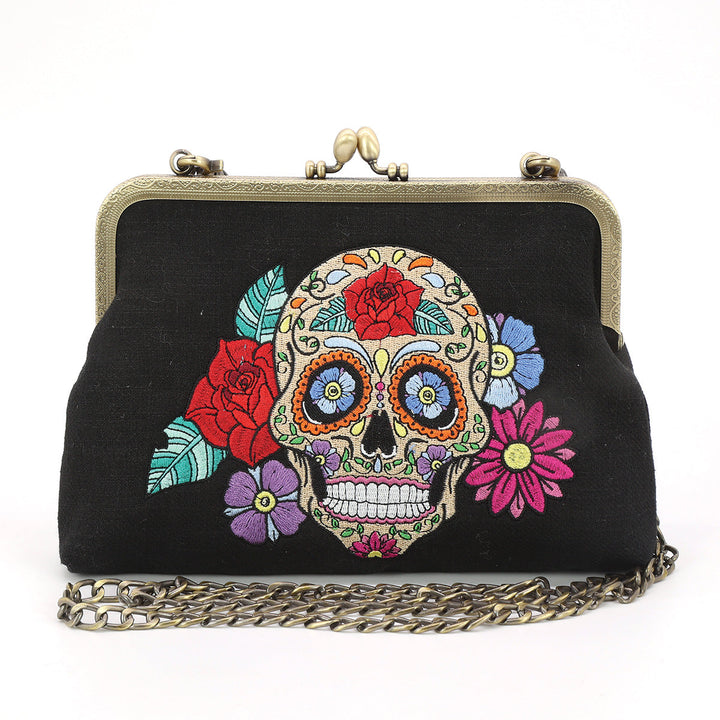 SUGAR SKULL KISS LOCK BAG IN LINEN + COTTON BLEND