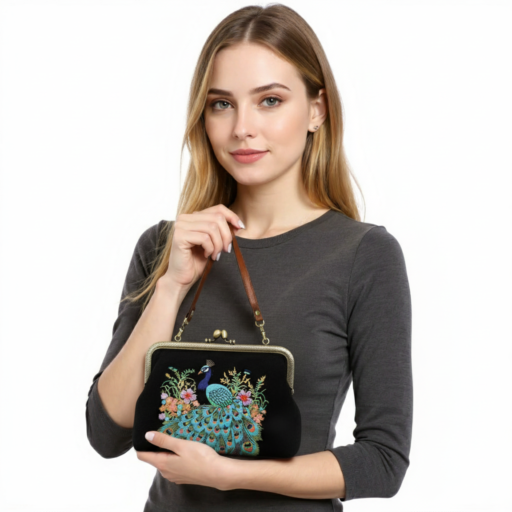 PEACOCK KISSLOCK BAG IN LINEN COTTON BLEND
