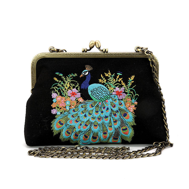 PEACOCK KISSLOCK BAG IN LINEN COTTON BLEND
