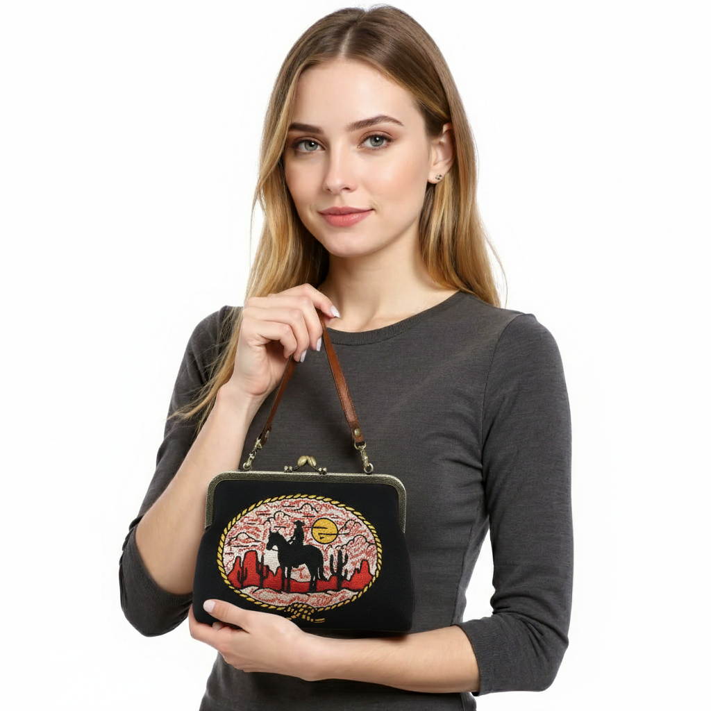 Cow Girl Kiss Lock Bag in Cotton Linen Blended Material