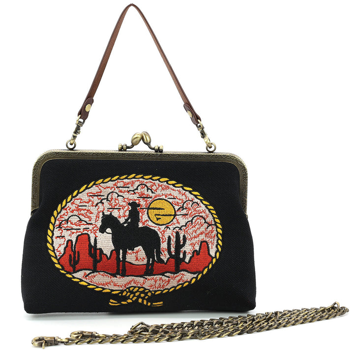 Cow Girl Kiss Lock Bag in Cotton Linen Blended Material