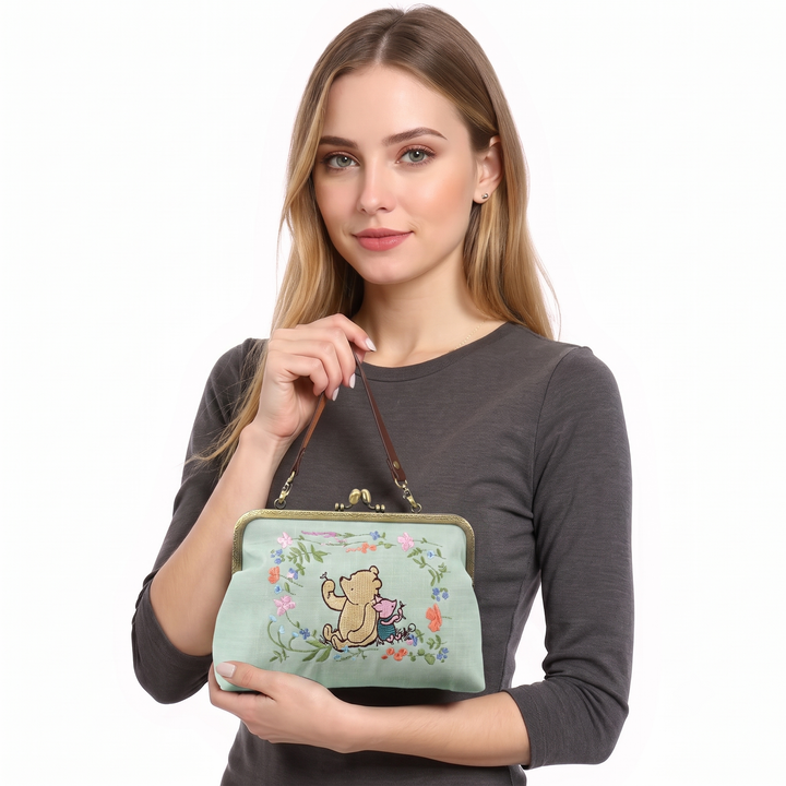 Pooh and Piglet Kisslock Bag in Linen Blended Material