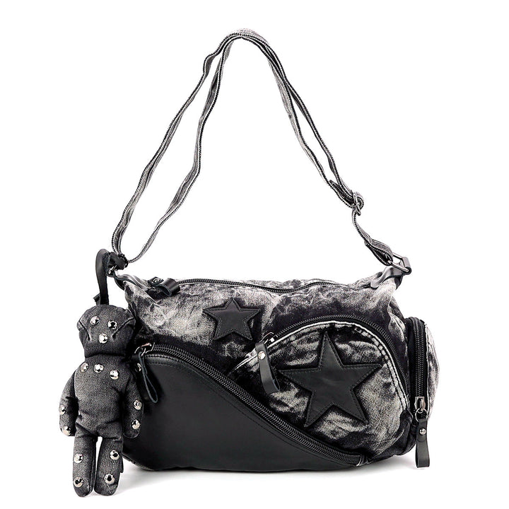 Vintage Washed Denim Shoulder Bag with Star Motif
