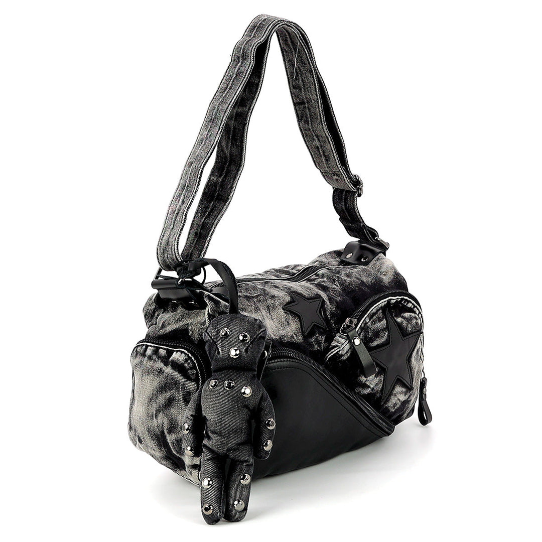 Vintage Washed Denim Shoulder Bag with Star Motif
