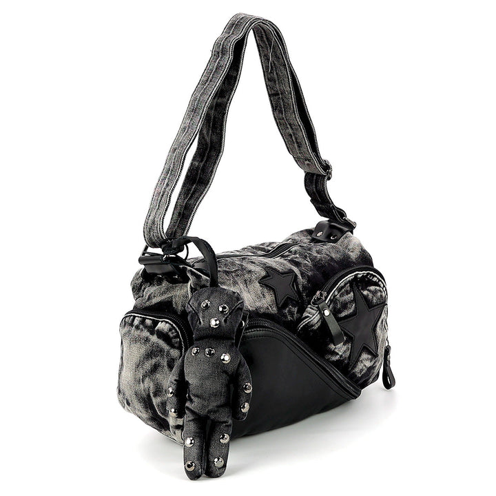 Vintage Washed Denim Shoulder Bag with Star Motif