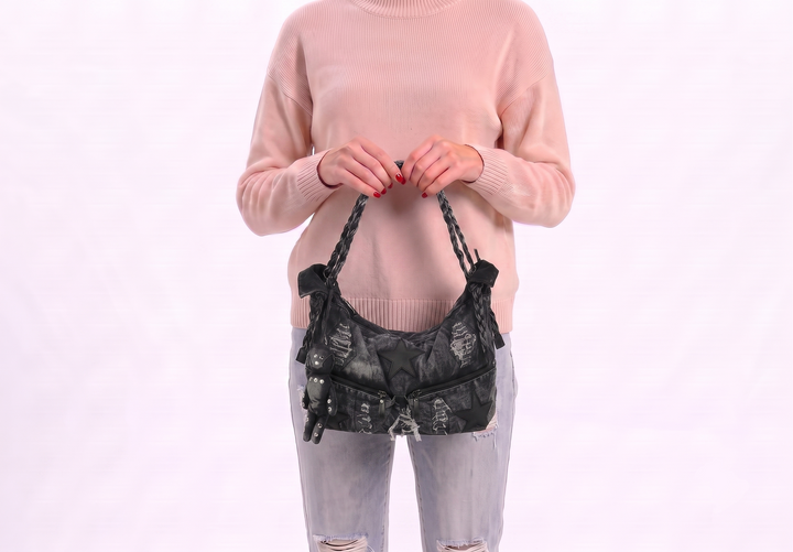 Vintage Washed Denim Hobo Bag with Star Motif in Cotton