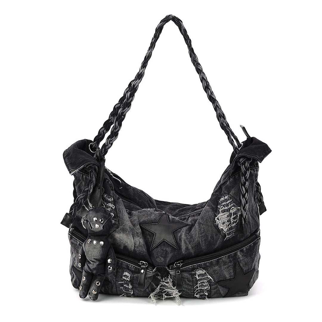 Vintage Washed Denim Hobo Bag with Star Motif in Cotton