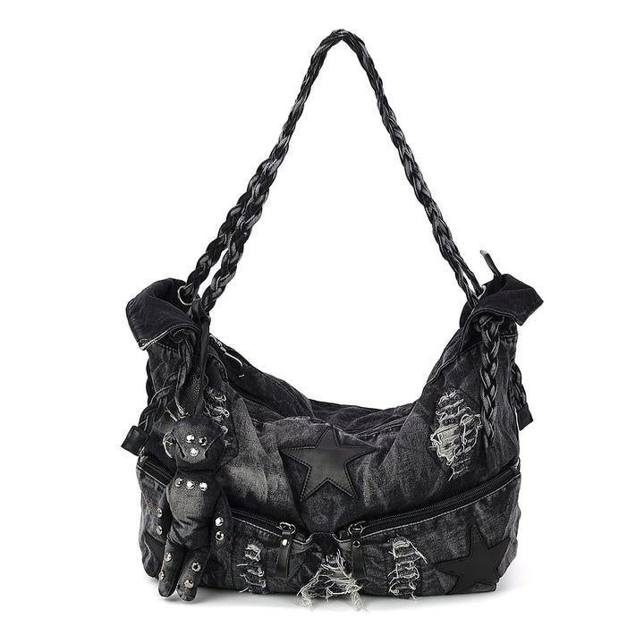 Vintage Washed Denim Hobo Bag with Star Motif in Cotton