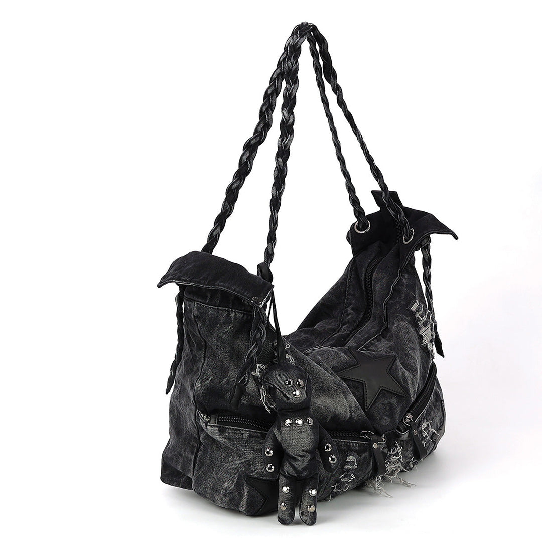 Vintage Washed Denim Hobo Bag with Star Motif in Cotton