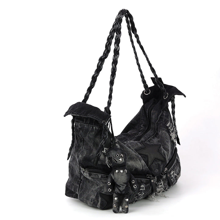 Vintage Washed Denim Hobo Bag with Star Motif in Cotton