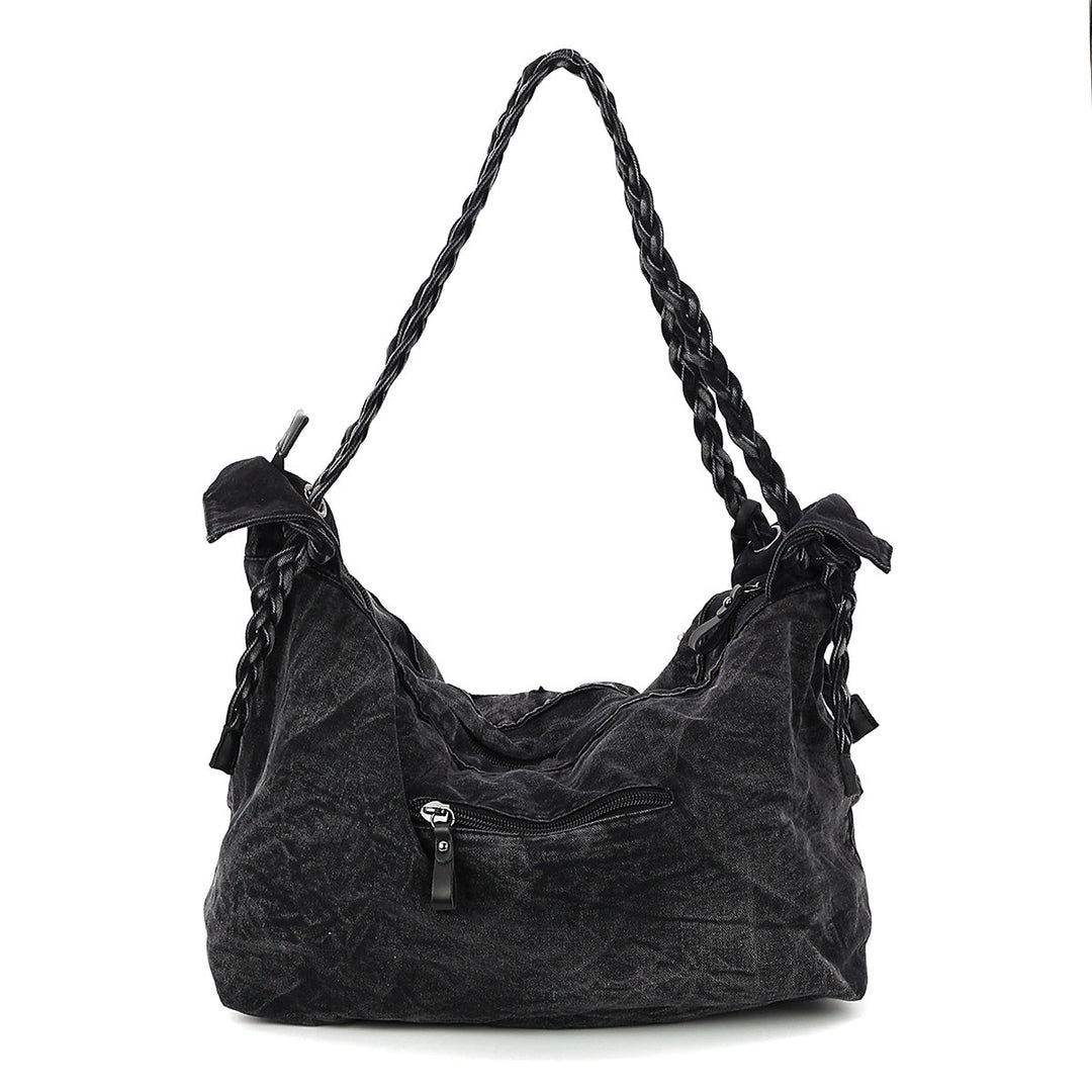 Vintage Washed Denim Hobo Bag with Star Motif in Cotton