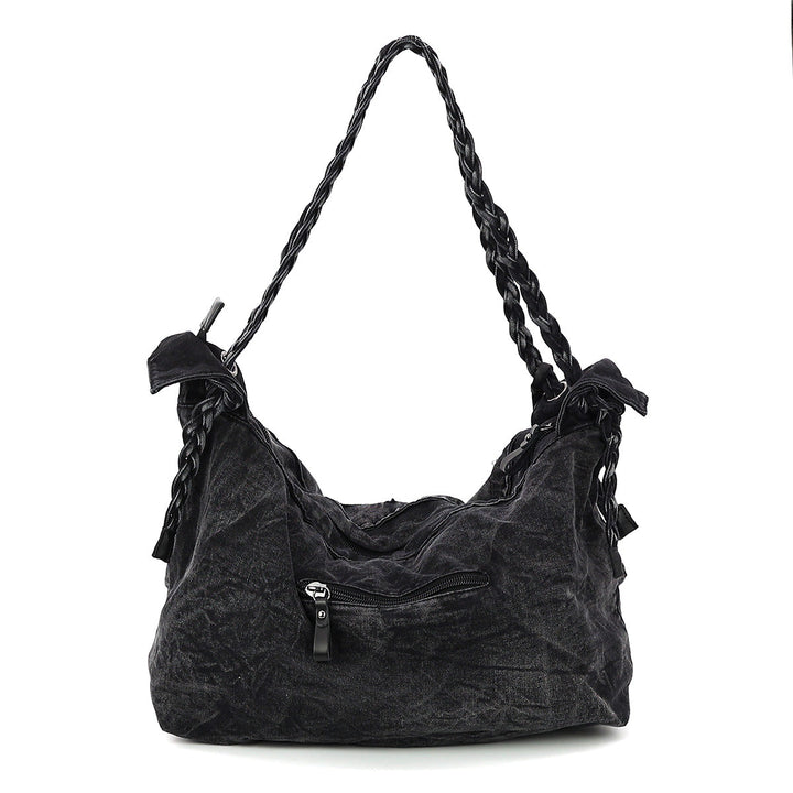 Vintage Washed Denim Hobo Bag with Star Motif in Cotton
