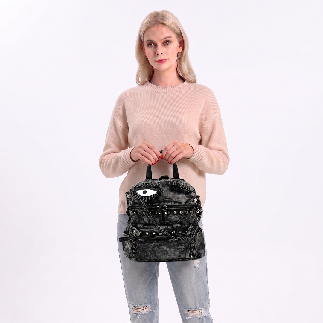 Vintage Washed Denim Mini Backpack Eye Motif in Cotton