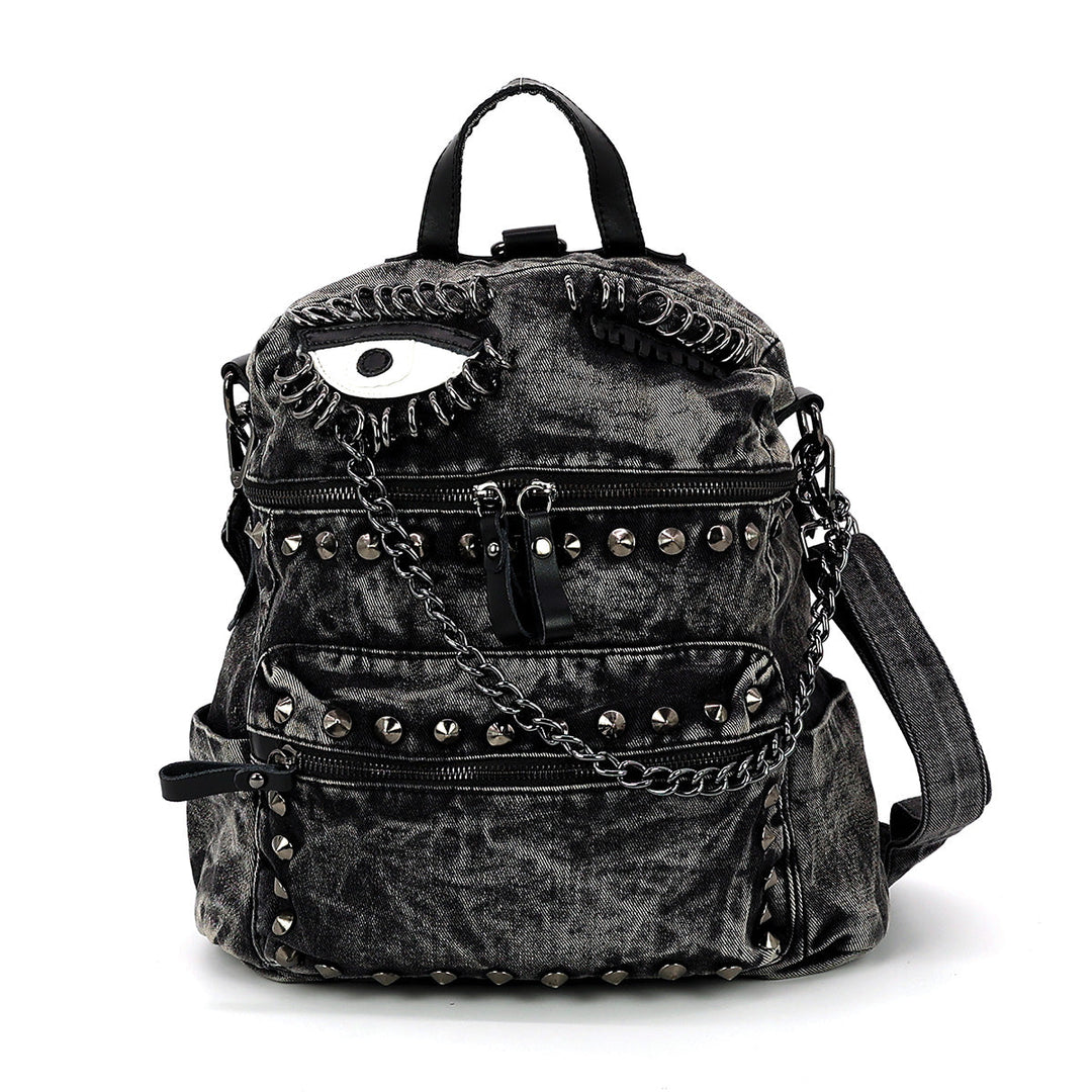 Vintage Washed Denim Mini Backpack Eye Motif in Cotton