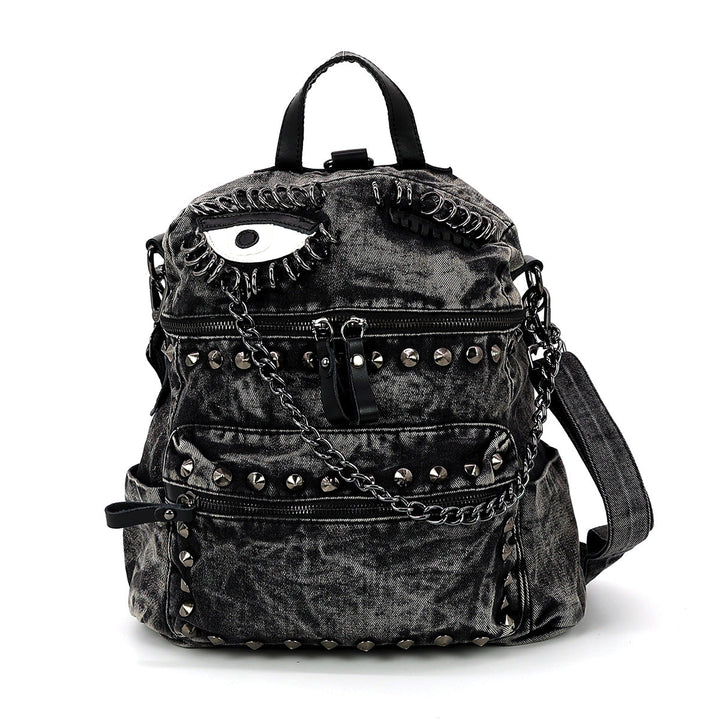 Vintage Washed Denim Mini Backpack Eye Motif in Cotton