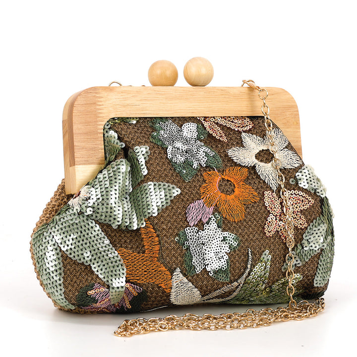 Wooden Frame Foliage Sequin Kisslock Bag in Polyester