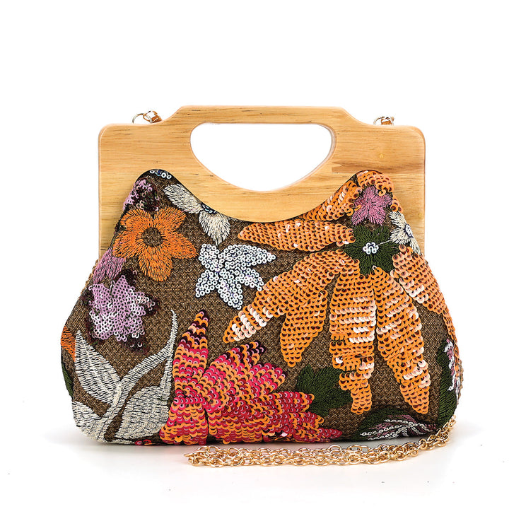 Vintage Wooden Frame Foliage Sequin Kisslock Bag in Polyester