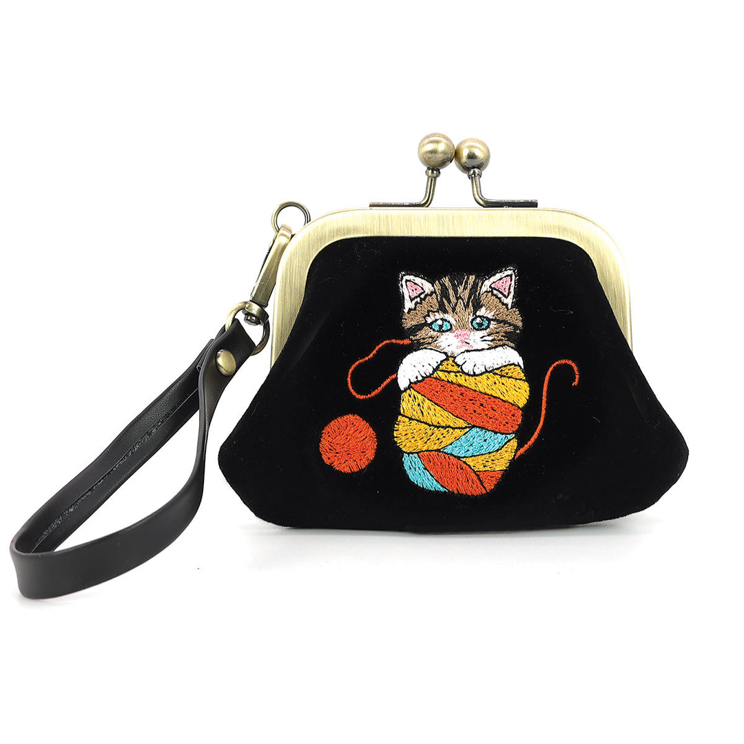 CAT IN YARN KISS LOCK COIN PURSE IN VELOUR