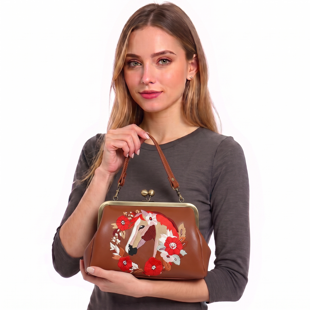Floral Wreath Horse Kisslock Bag in Vinyl