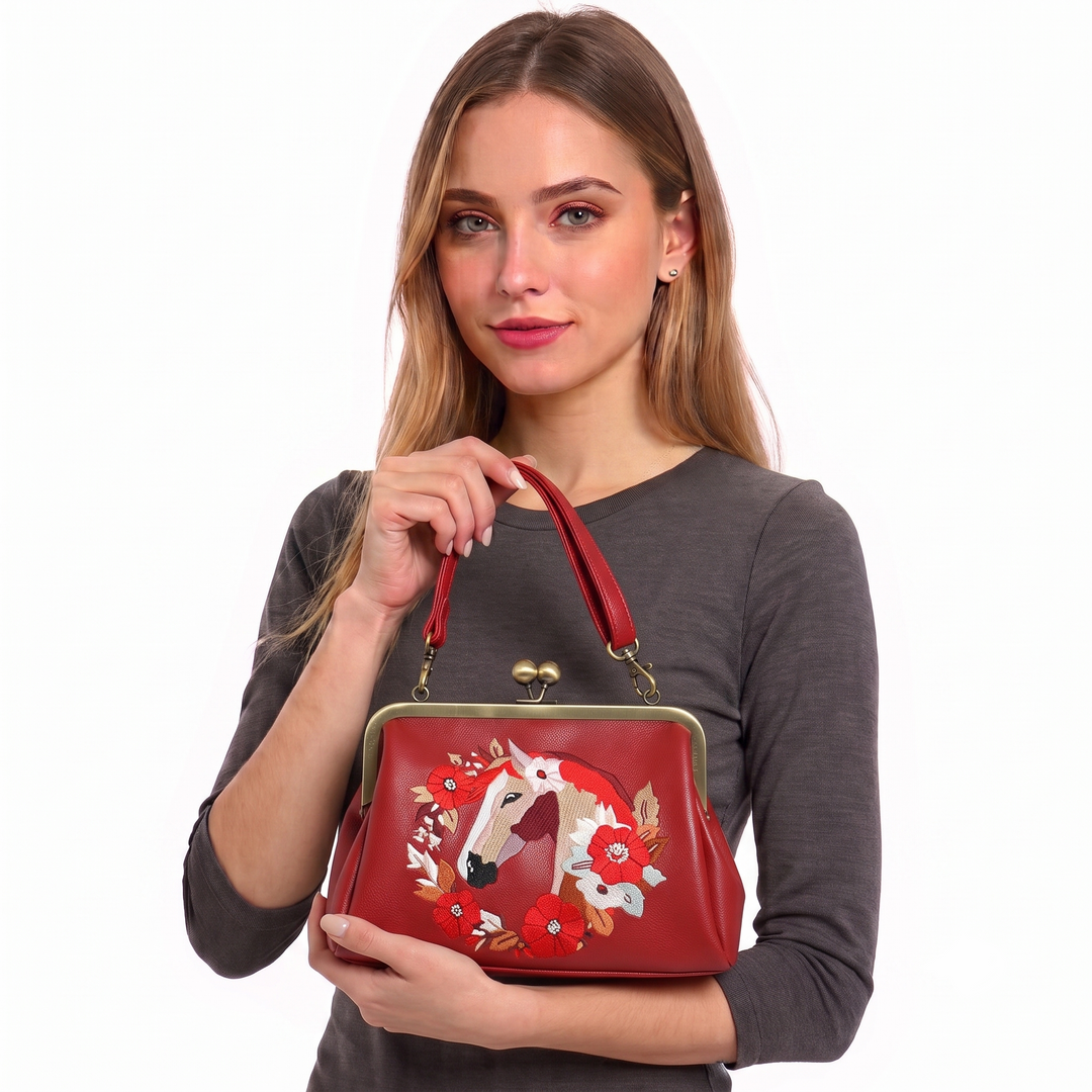 Floral Wreath Horse Kisslock Bag in Vinyl