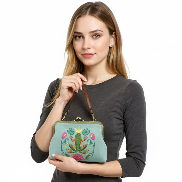 Frog in the Lily Pond Kiss Lock Bag in Linen Cotton Blend Material
