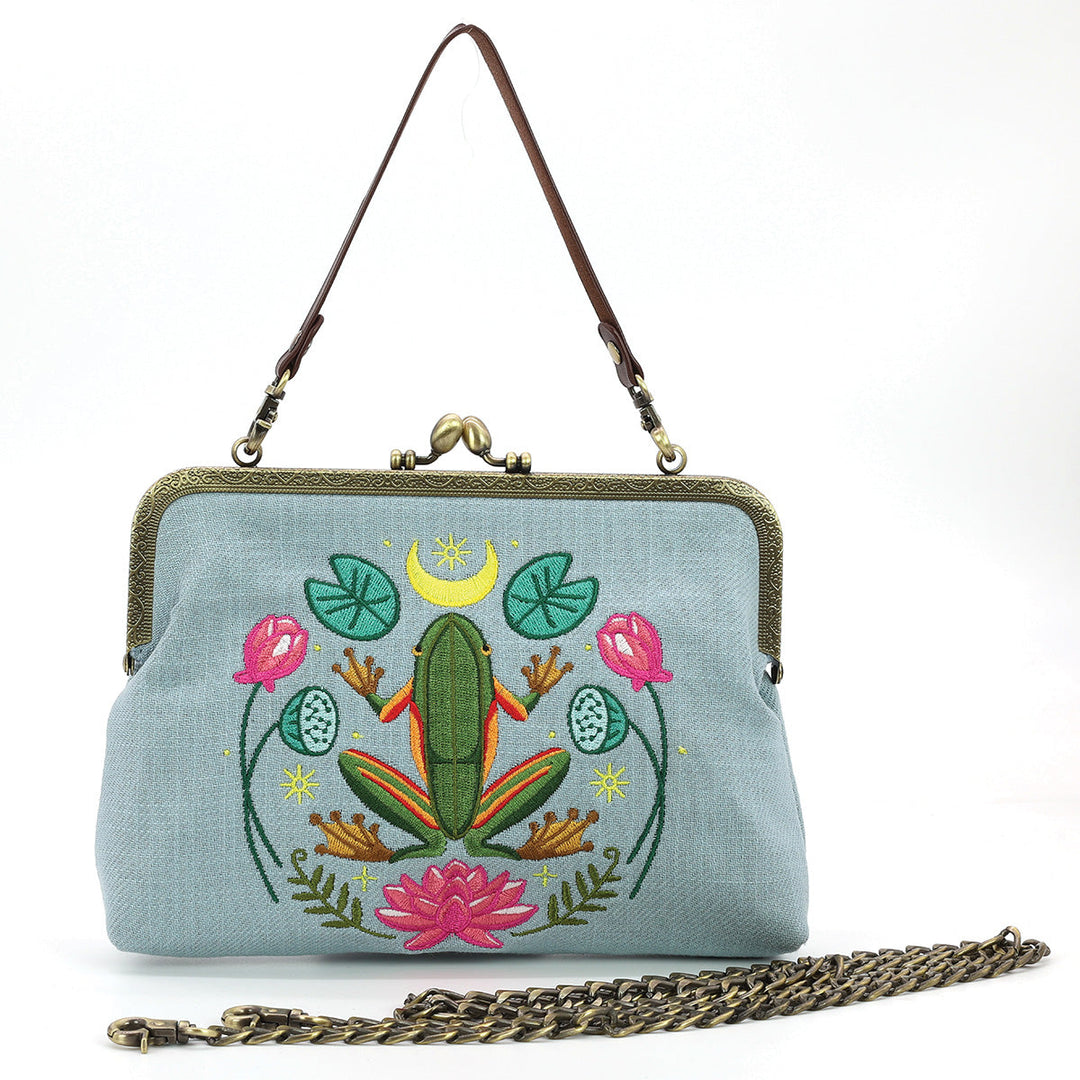 Frog in the Lily Pond Kiss Lock Bag in Linen Cotton Blend Material