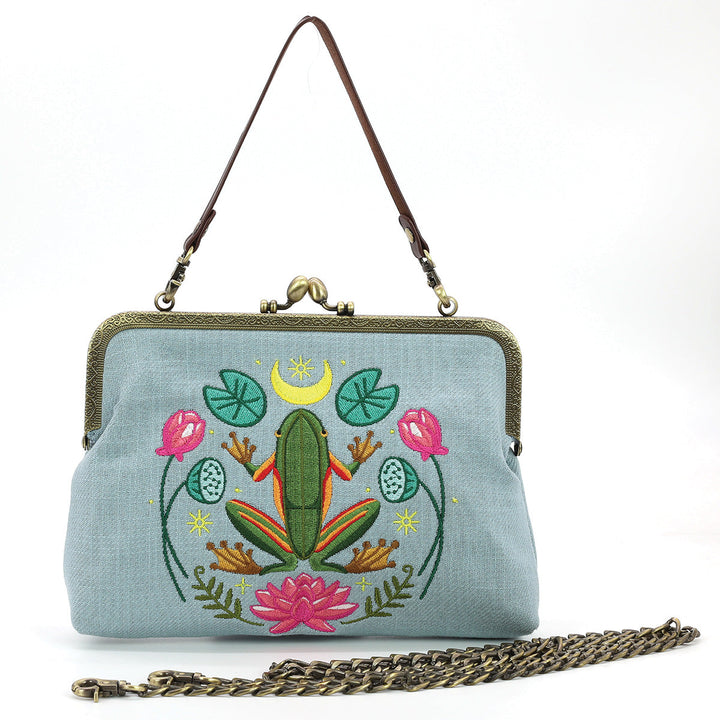 Frog in the Lily Pond Kiss Lock Bag in Linen Cotton Blend Material