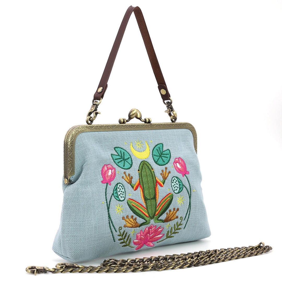 Frog in the Lily Pond Kiss Lock Bag in Linen Cotton Blend Material