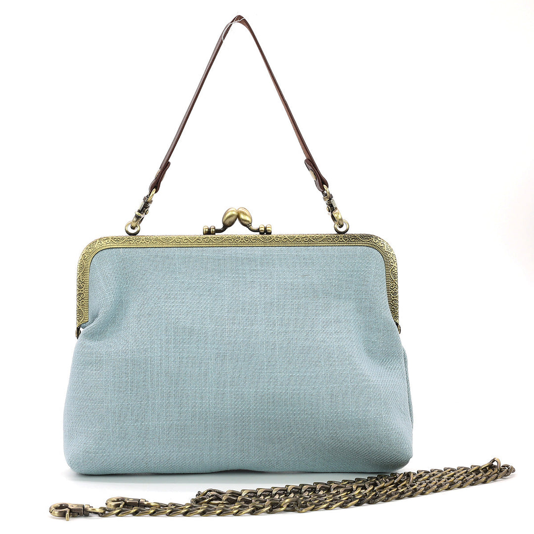 Frog in the Lily Pond Kiss Lock Bag in Linen Cotton Blend Material