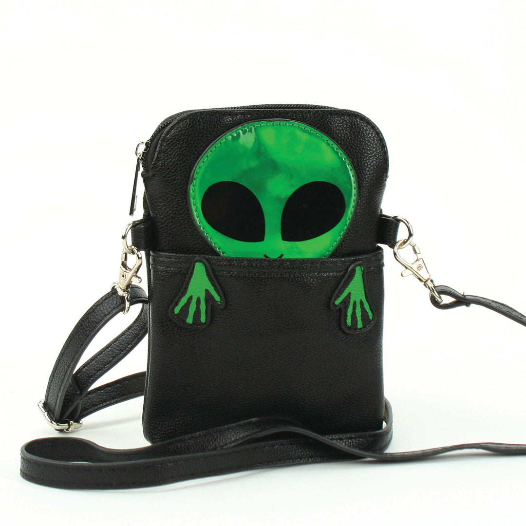 Peeking Alien Crossbody Pouch in Vinyl Material, green color front view