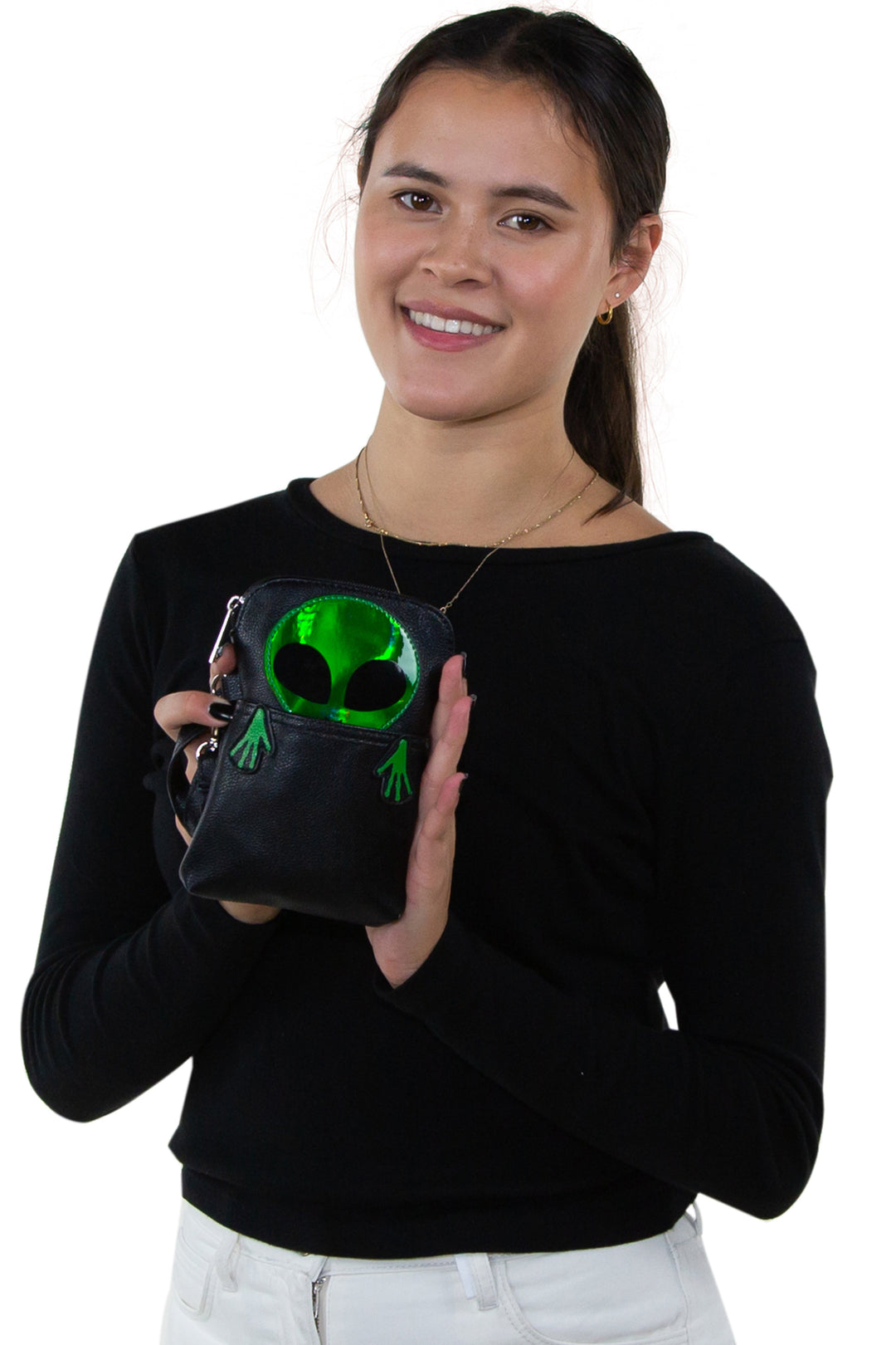 Peeking Alien Crossbody Pouch in Vinyl Material, front view on model