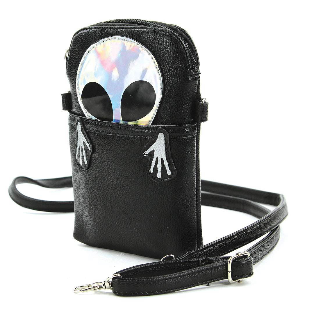 Peeking Alien Crossbody Pouch in Vinyl Material, silver color, side view