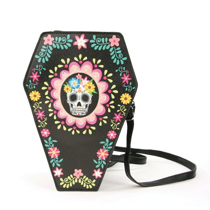 Sugar Skull Coffin Convertible Crossbody Bag Backpack in Vinyl Material front view