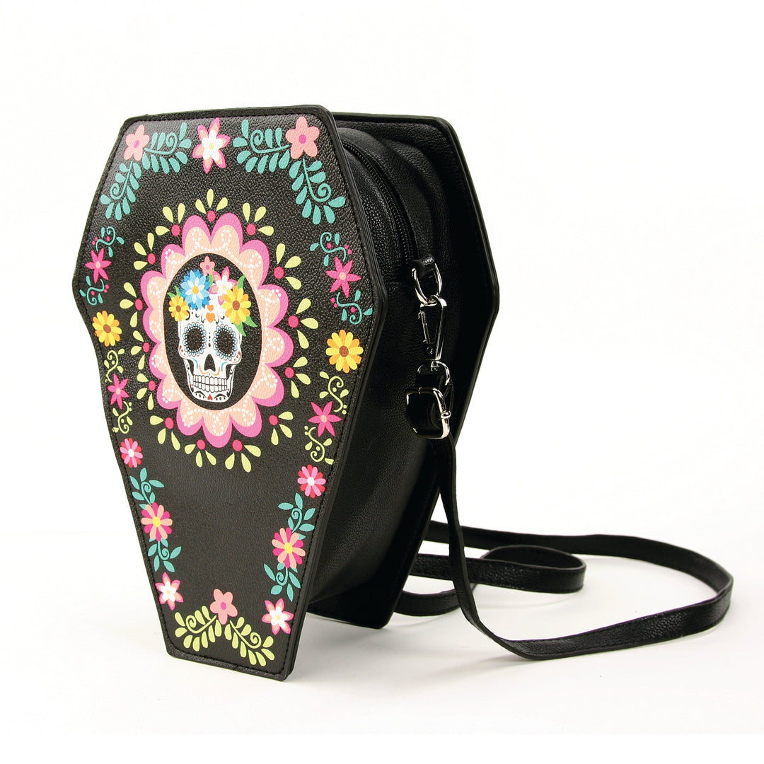 Sugar Skull Coffin Convertible Crossbody Bag Backpack in Vinyl Material side view