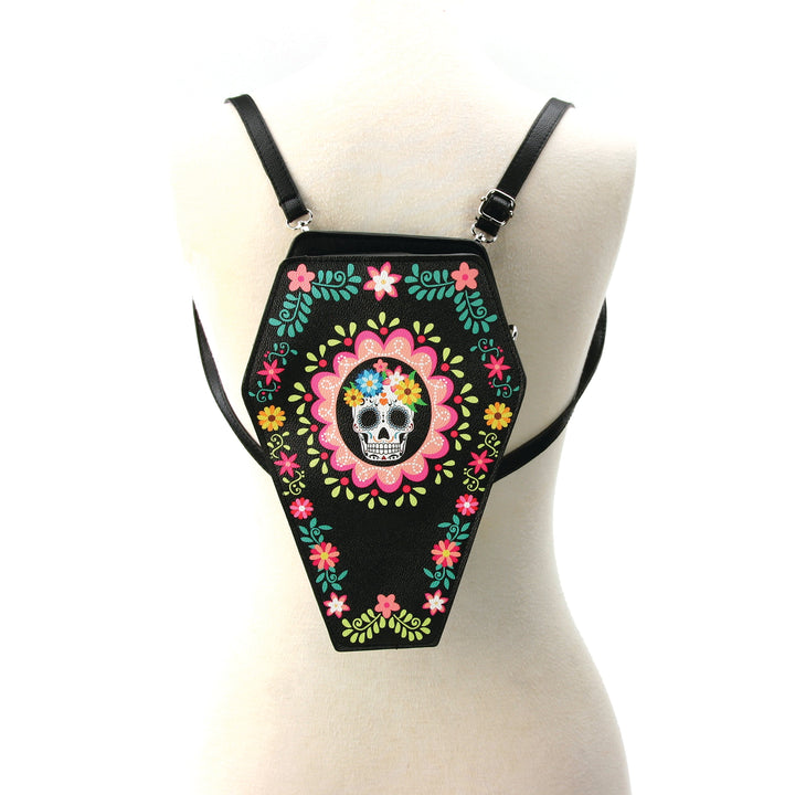 Sugar Skull Coffin Convertible Crossbody Bag Backpack in Vinyl Material front view