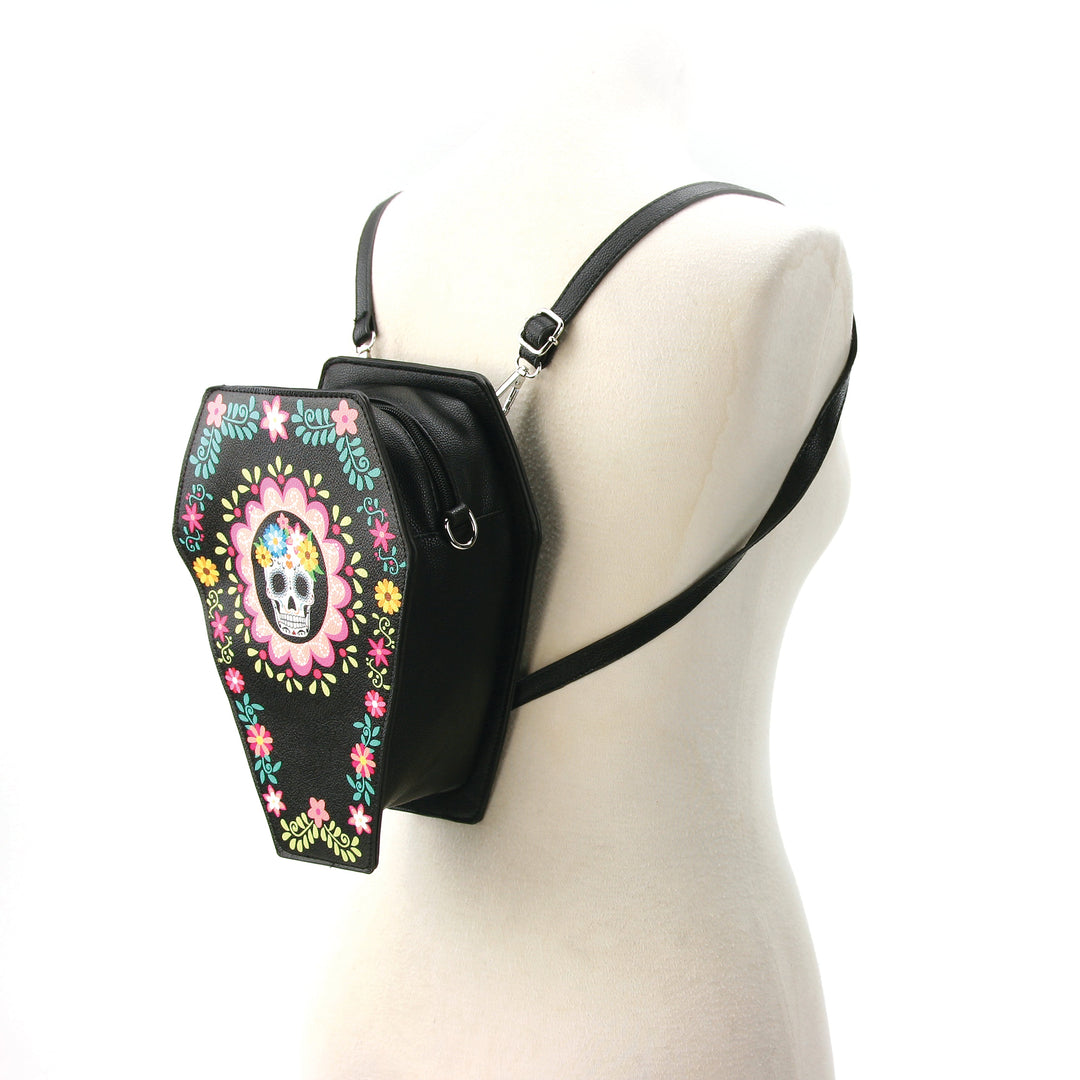 Sugar Skull Coffin Convertible Crossbody Bag Backpack in Vinyl Material side view