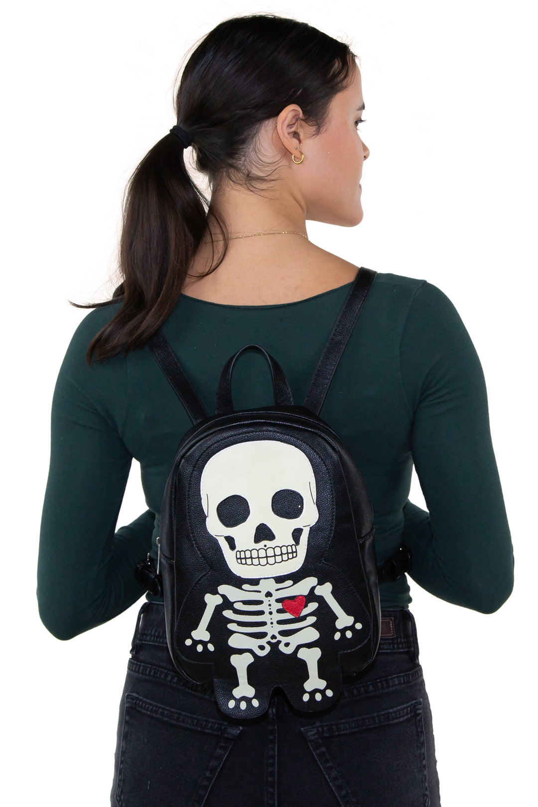 Glow in the Dark Skeleton Mini Backpack in Vinyl Material, backpack style, back view on model