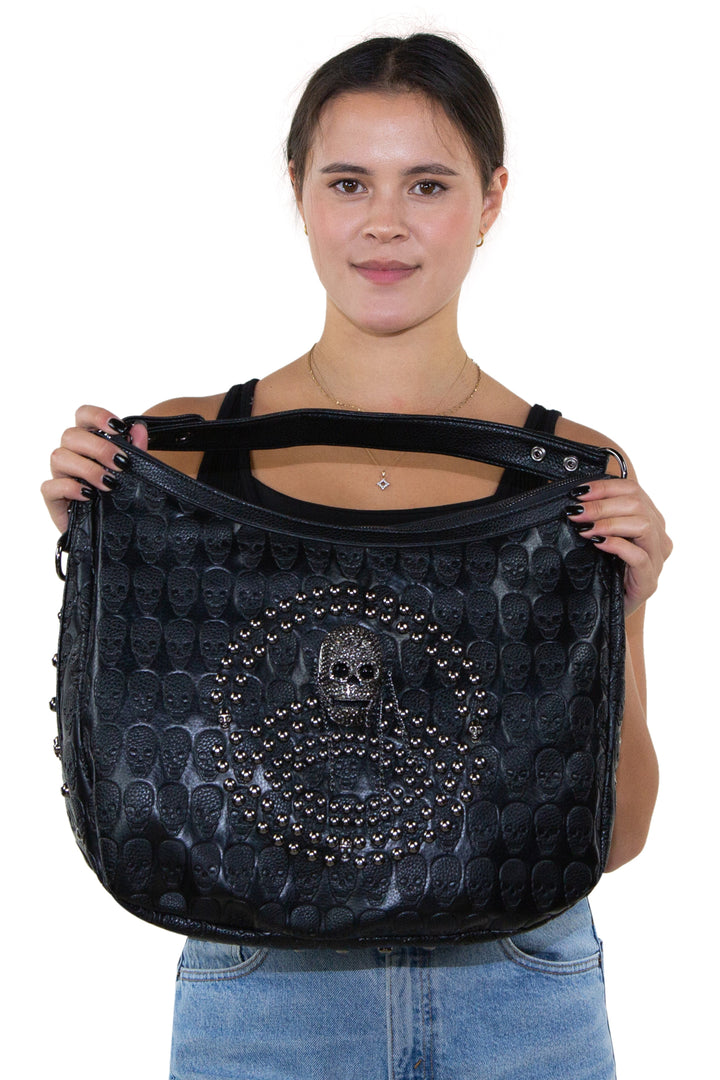 Studded Skull Hobo Bag in Vinyl Material, front view on model