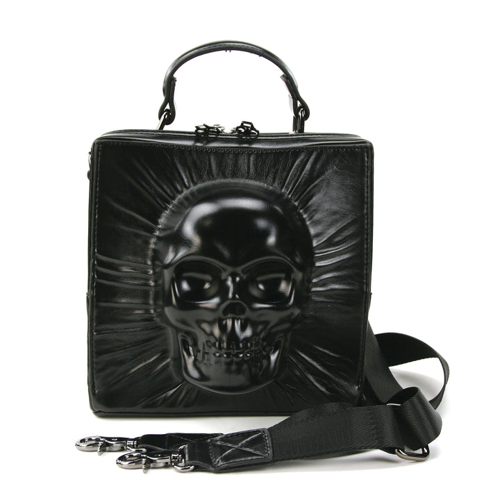 Skull Encased in Square Handheld Bag in Vinyl Material front view