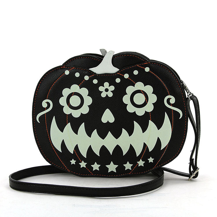 Glow in the Dark Jack O Lantern Crossbody Bag in Vinyl, sugar skull design view