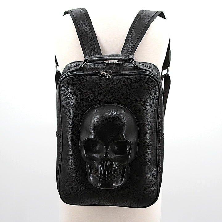 PROTRUDED SKULL RECTANGLE BACKPACK, front view on mannequin