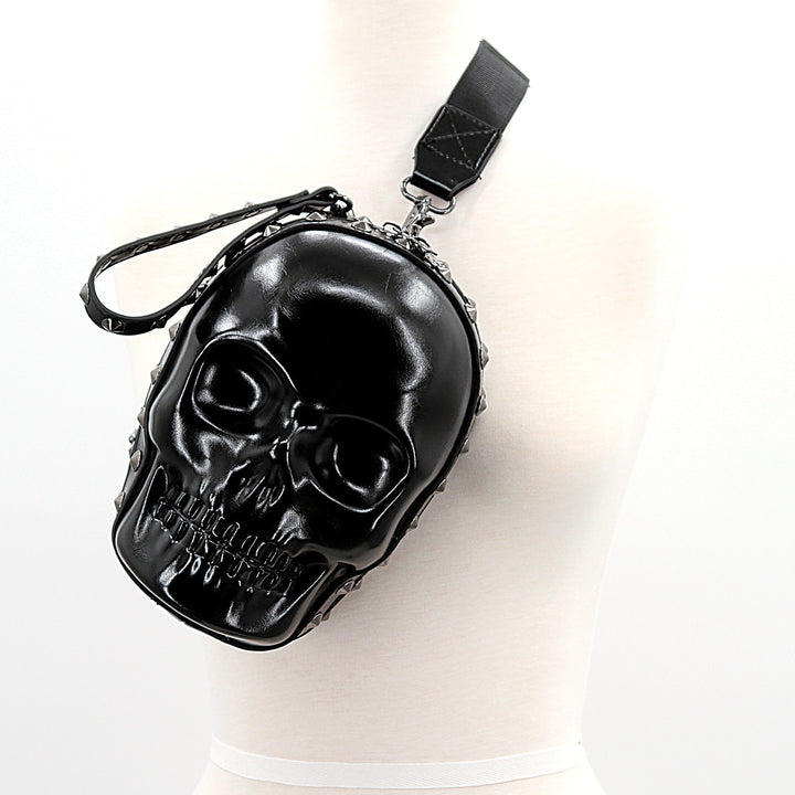 SKULL HEAD XBODY BAG IN VINYL, front view on mannequin