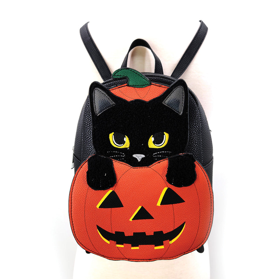 Furry Black Cat in Pumpkin Mini Backpack in Vinyl - CuriousCottageGoods.com
