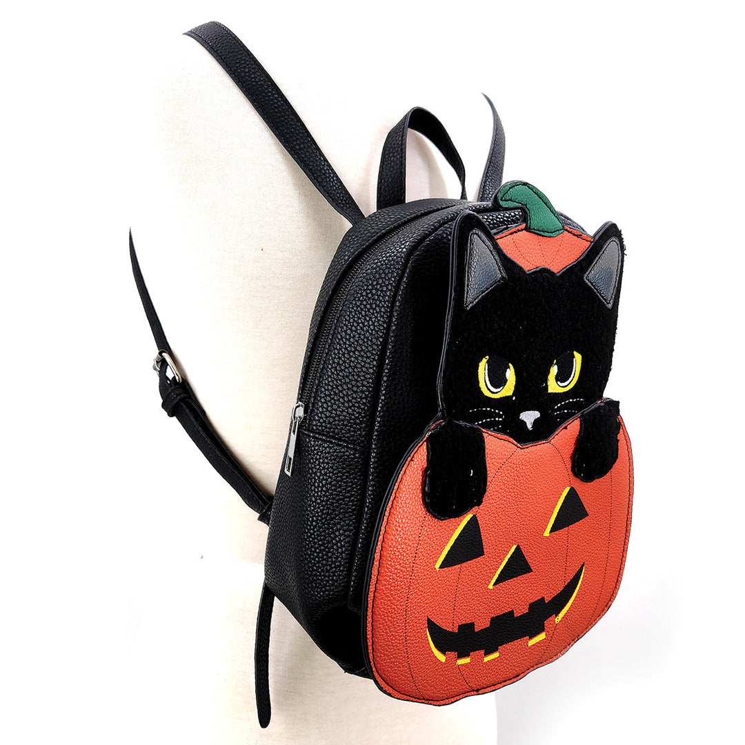 Furry Black Cat in Pumpkin Mini Backpack in Vinyl - CuriousCottageGoods.com