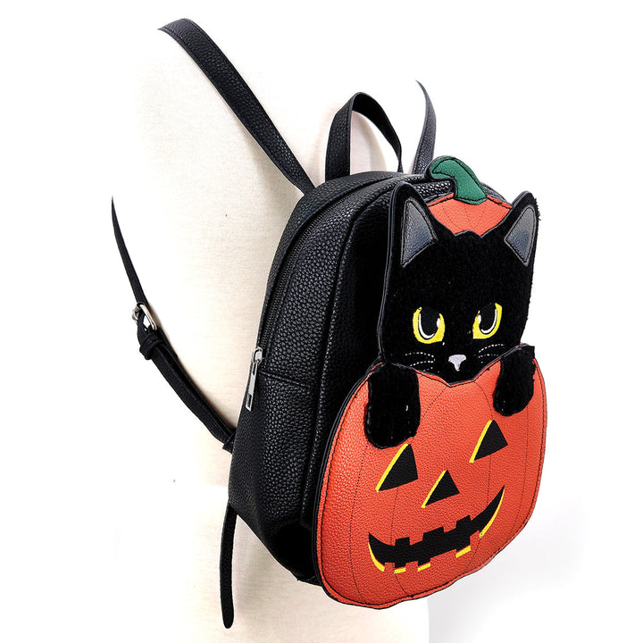 Furry Black Cat in Pumpkin Mini Backpack in Vinyl - CuriousCottageGoods.com