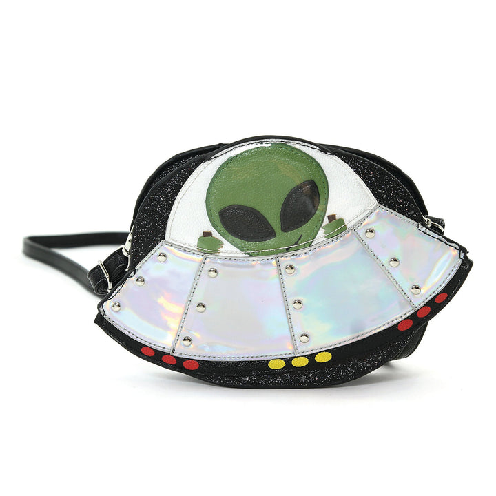 Alien On A Spaceship Shoulder Crossbody Bag in Vinyl Material front view